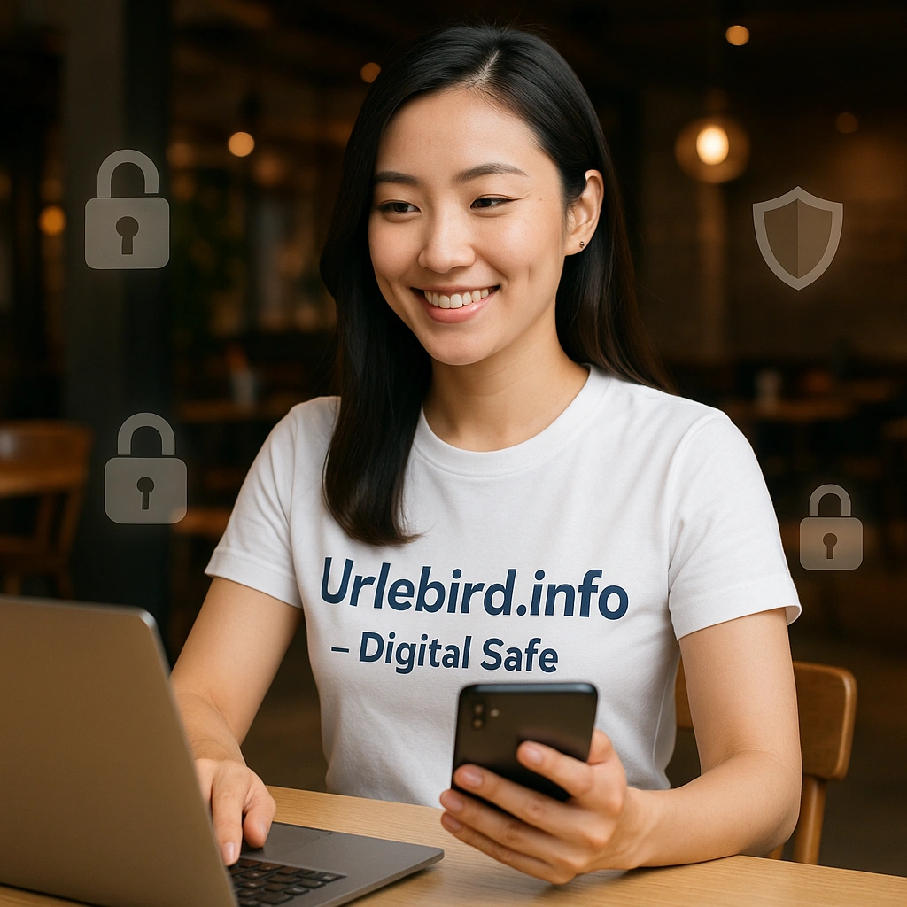 Seorang wanita Asia berambut panjang duduk di kafe sambil menggunakan laptop dan smartphone, mengenakan kaos bertuliskan "Urlebird.info – Digital Safe".