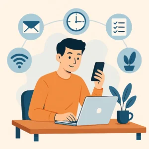 Ilustrasi pria menggunakan laptop dan smartphone sambil menerapkan tips digital sehari-hari untuk produktivitas