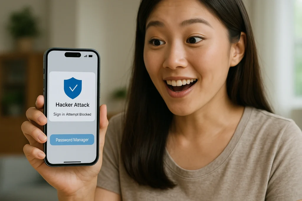 Wanita Asia muda menunjukkan layar iPhone 15 dengan notifikasi “Hacker Attack – Sign-in Attempt Blocked” berkat penggunaan password manager.