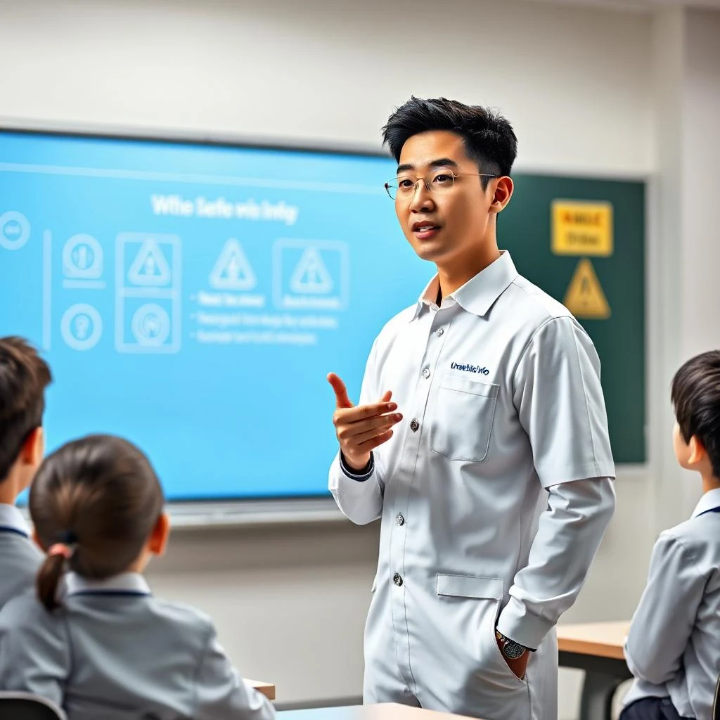 Guru muda berpenampilan profesional sedang memberikan edukasi digital tentang phishing kepada siswa-siswi sekolah di ruang kelas modern.