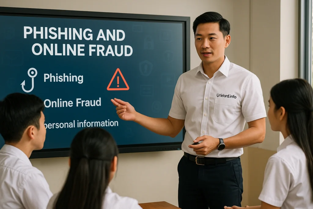 Seorang pria tampan berwibawa mengenakan seragam putih berlogo Urlebird.info sedang menjelaskan bahaya phishing kepada siswa di depan papan tulis digital.