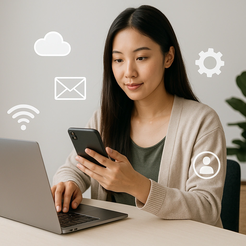 Seorang wanita muda menggunakan laptop dan smartphone sambil dikelilingi ikon digital seperti cloud, email, dan pengaturan.